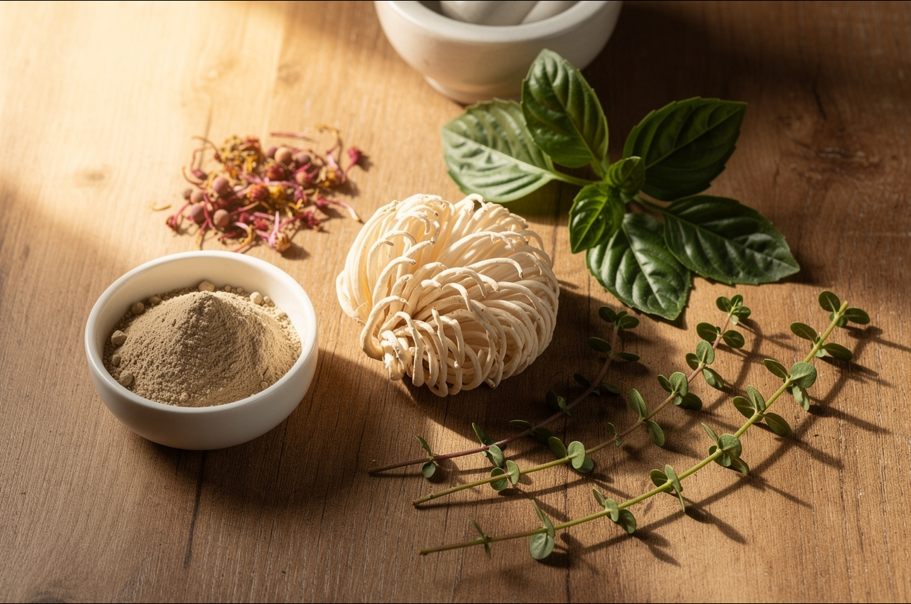 Flat lay arrangement of adaptogenic herbs including ashwagandha, rhodiola, lion's mane, holy basil, and bacopa on a wooden surface with soft golden lighting