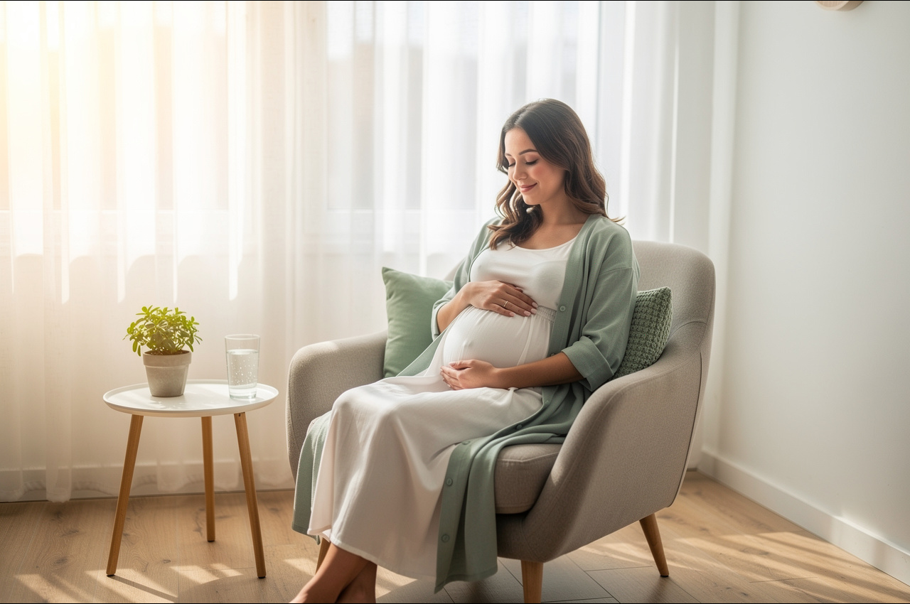 Serene pregnant woman practicing mindfulness in a sunlit room for mental well-being