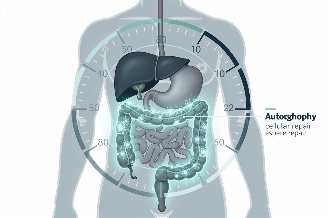 Human digestive system illustration showing how intermittent fasting supports gut lining repair and microbiome balance through autophagy