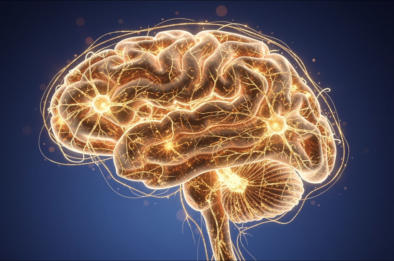 Conceptual brain illustration showing glowing neural pathways representing neuroplasticity and lifelong learning