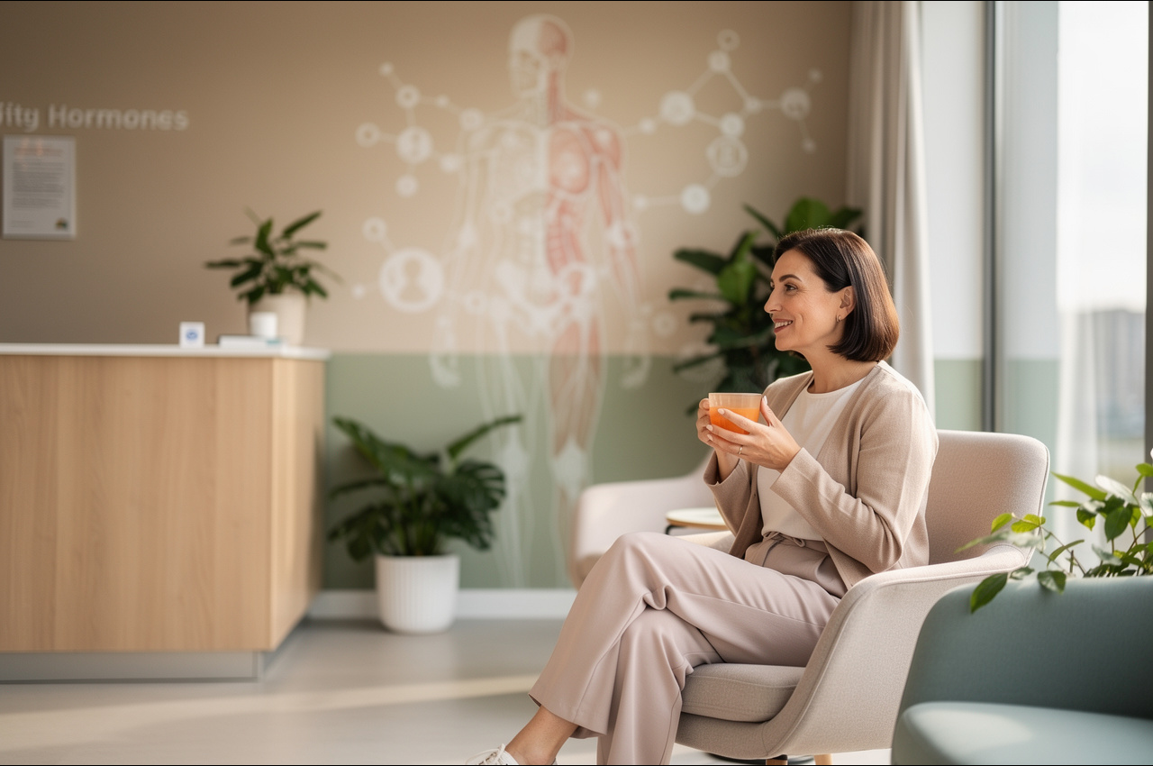 A woman relaxing in a modern medical office with subtle hormone molecule graphics in background representing BHRT treatment for PCOS