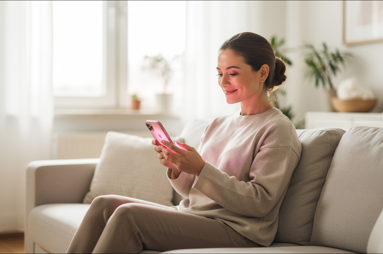 Woman checking fertility tracking app on her smartphone in a sunlit modern living room