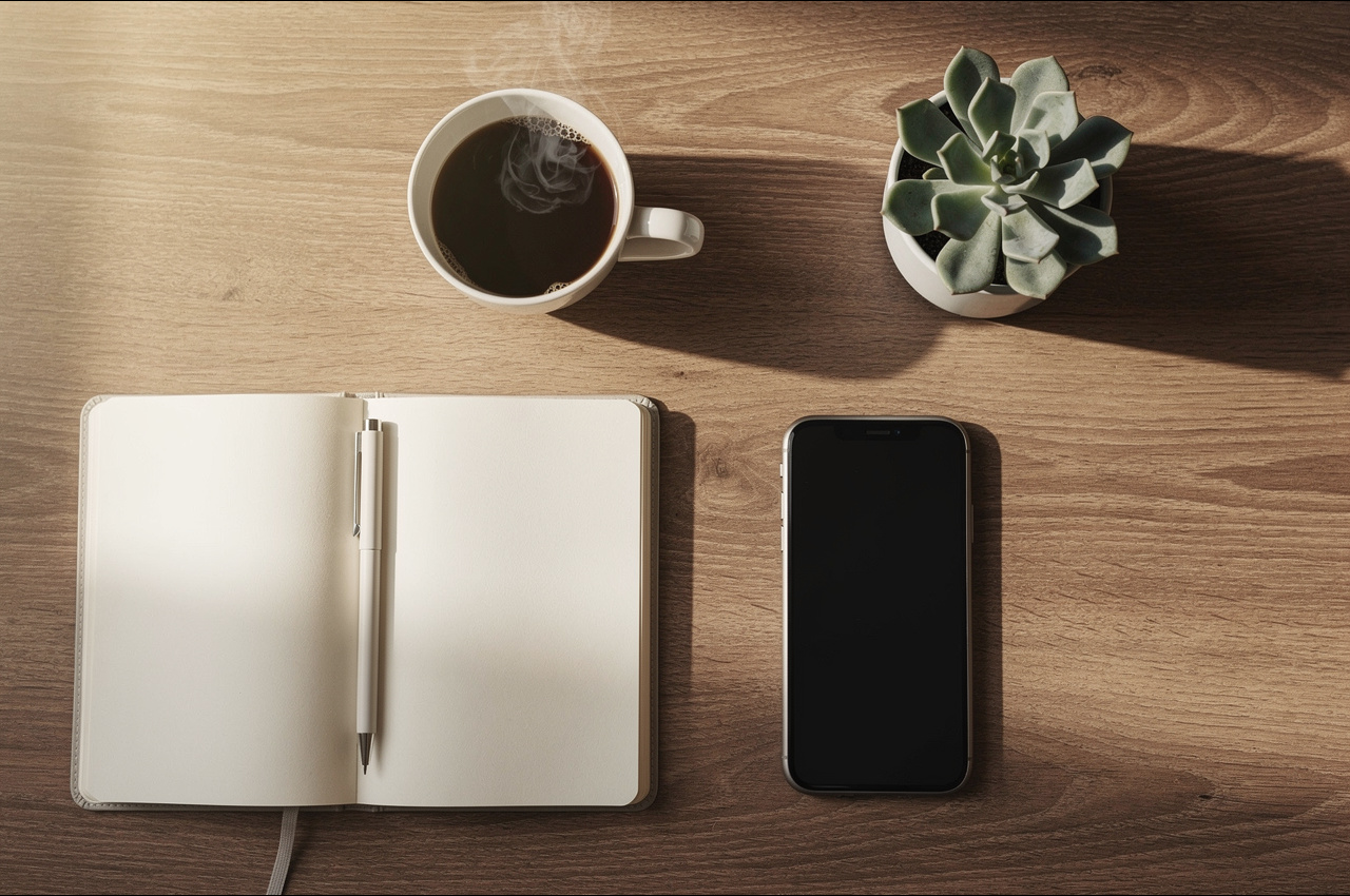 Digital detox flat lay with phone face-down, journal, coffee, and succulent on wooden desk