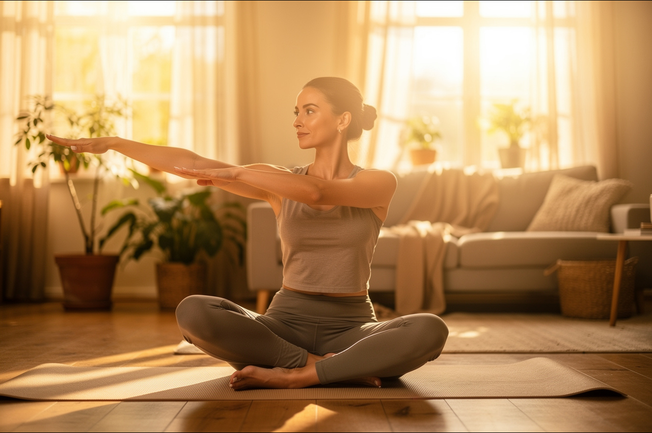 Woman practicing yoga in sunlit room representing healthy lifestyle with hypothyroidism weight management