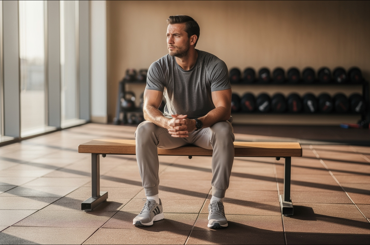 Man in a calm, centered pose representing mental fitness and emotional resilience training for men