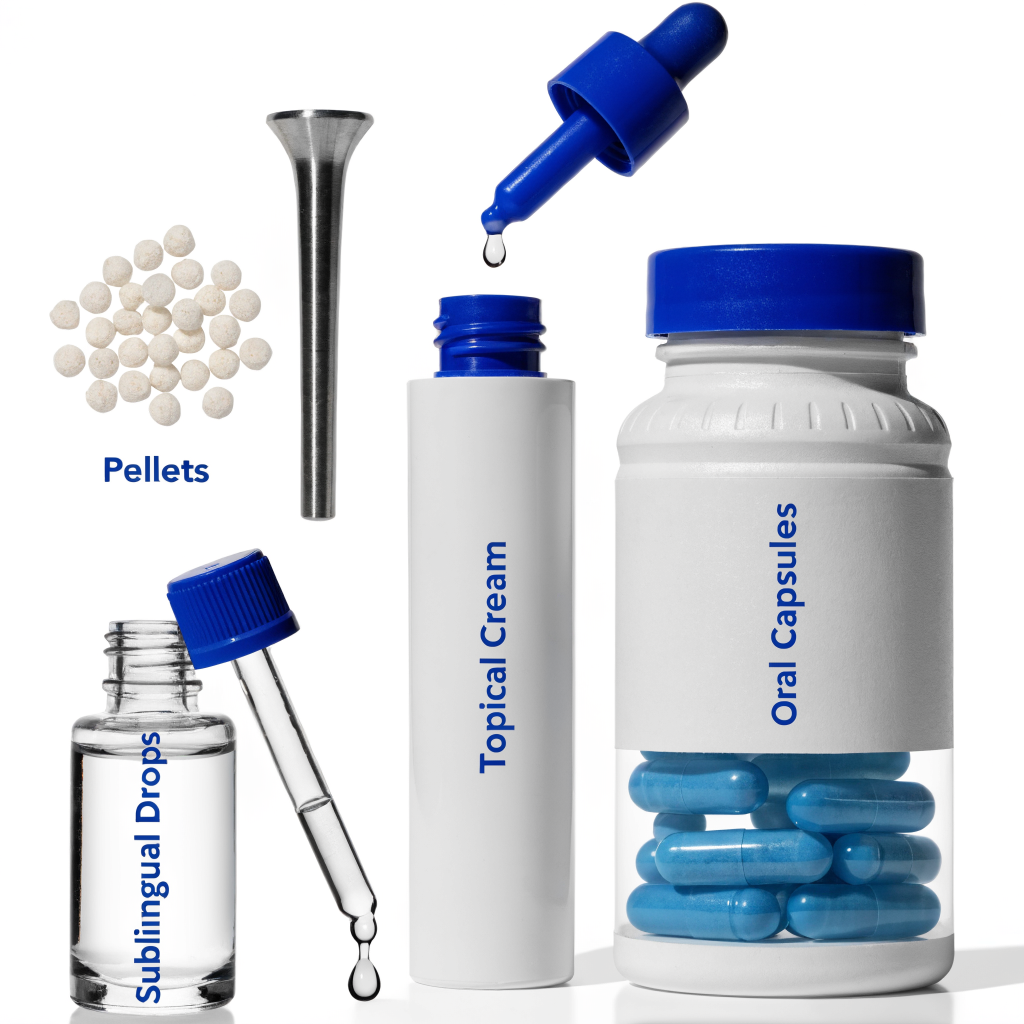 Four BHRT delivery methods displayed on a clinical surface: pellets, topical cream, oral capsules, and sublingual drops