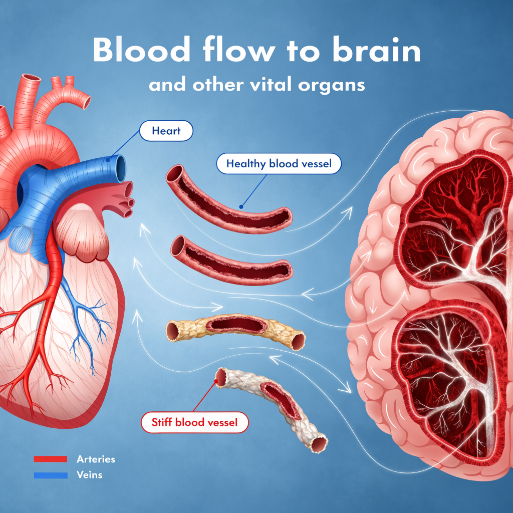 Anatomical diagram showing how blood flow from the heart reaches the brain, comparing healthy flexible vessels with stiff narrowed vessels