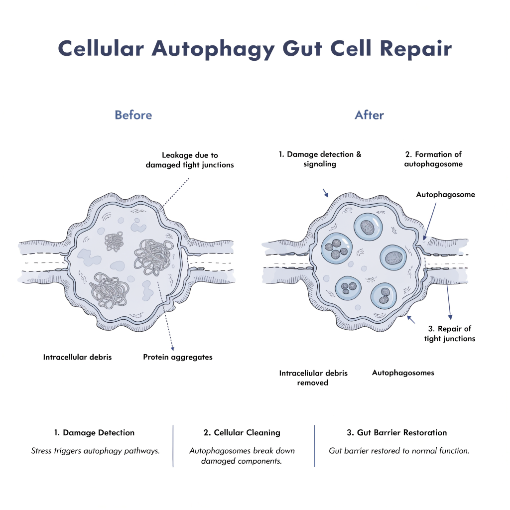 Cellular autophagy process showing how fasting cleans up damaged gut cells and repairs tight junctions