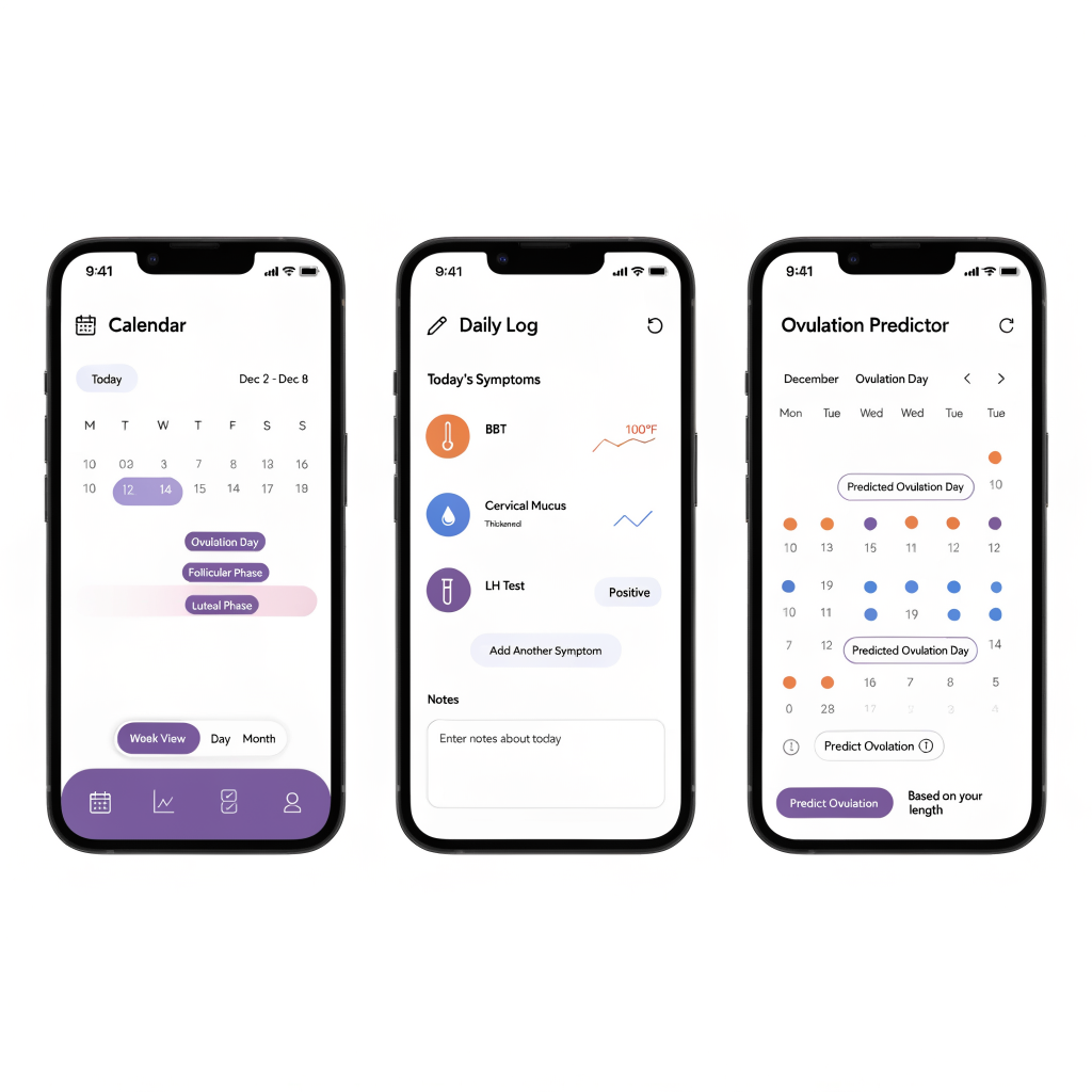 Collage of three fertility tracking app interfaces showing cycle calendar, symptom logging, and ovulation prediction