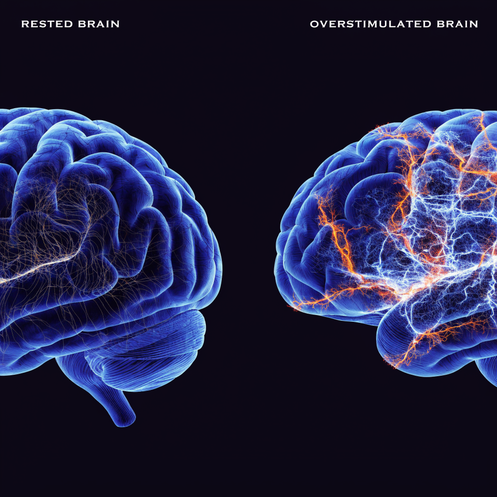 Illustration comparing an overstimulated brain with chaotic neural pathways to a calm rested brain with organized patterns