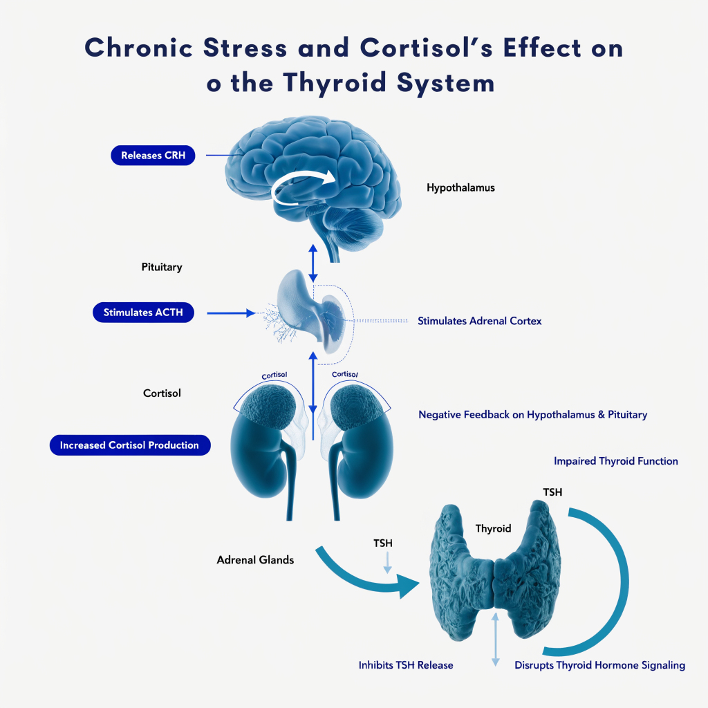 Diagram showing the HPA axis pathway and how cortisol disrupts thyroid signaling