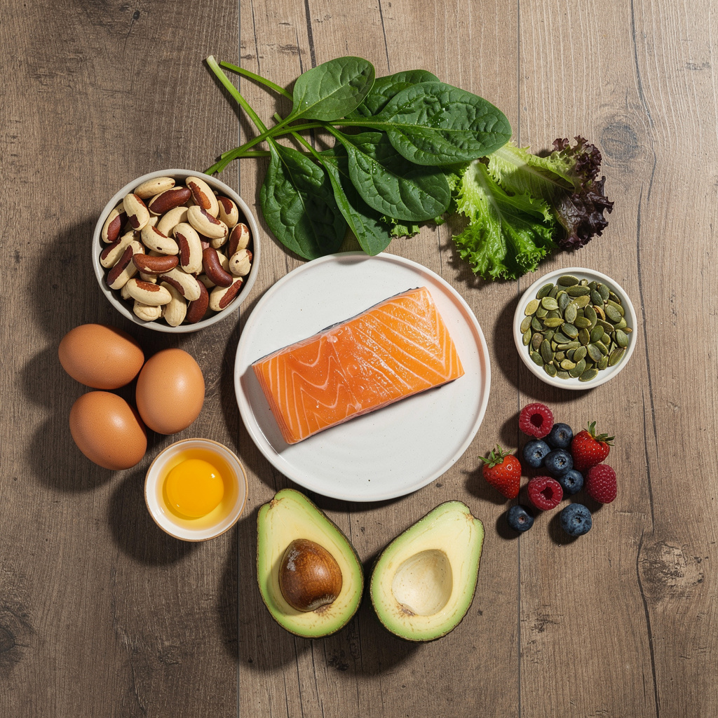 Flat lay of nutrient-dense thyroid-supportive foods including Brazil nuts, salmon, eggs, berries, and leafy greens