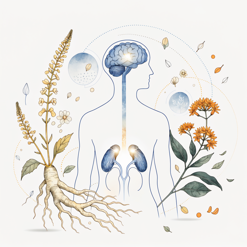 Minimalist anatomical illustration showing the HPA axis stress response pathway with glowing brain and adrenal glands surrounded by adaptogenic herbs