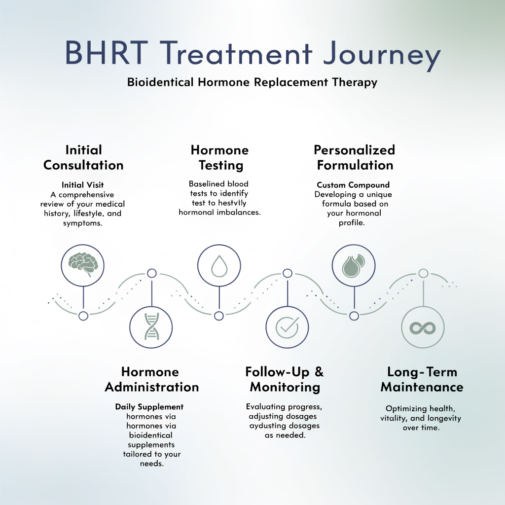 A six-step treatment journey timeline showing what to expect when starting BHRT for PCOS: consultation, lab testing, custom protocol, first month, follow-up, and maintenance