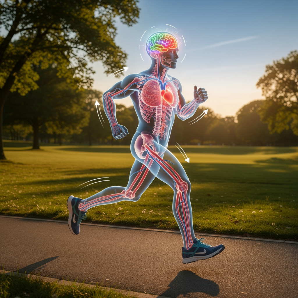 Person jogging with translucent anatomical overlay showing increased blood flow to the brain during cardiovascular exercise