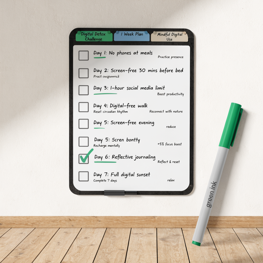Whiteboard checklist showing a 7-day digital detox challenge with screen-free activities listed for each day