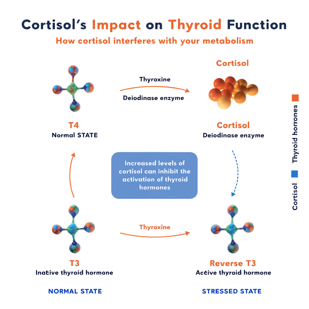 Infographic showing how cortisol disrupts T4 to T3 conversion and increases reverse T3