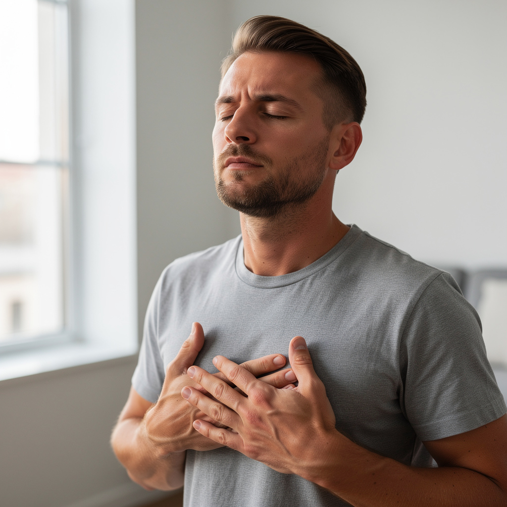 Man practicing box breathing technique for vagus nerve stimulation and stress regulation