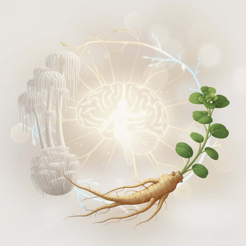 Glowing brain silhouette surrounded by lion's mane mushroom, bacopa leaves, and ginseng root with neural pathways radiating outward against a warm bokeh background