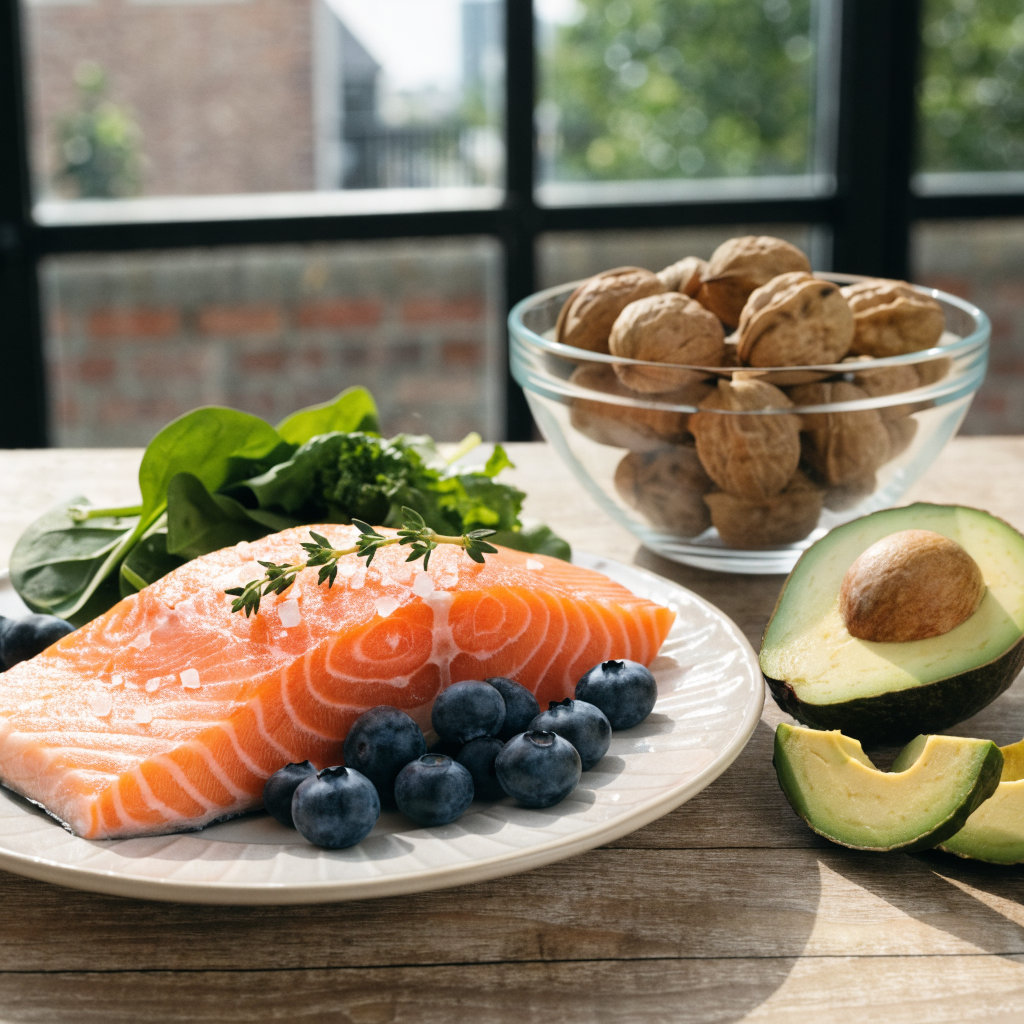 Flat lay of heart-healthy foods including salmon, walnuts, blueberries, leafy greens, avocados, and omega-3 supplements on a wooden surface