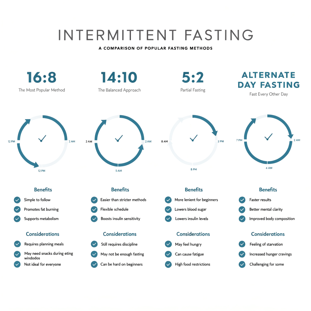 Comparison of intermittent fasting methods including 14:10, 16:8, 5:2, and alternate-day fasting protocols for digestive health