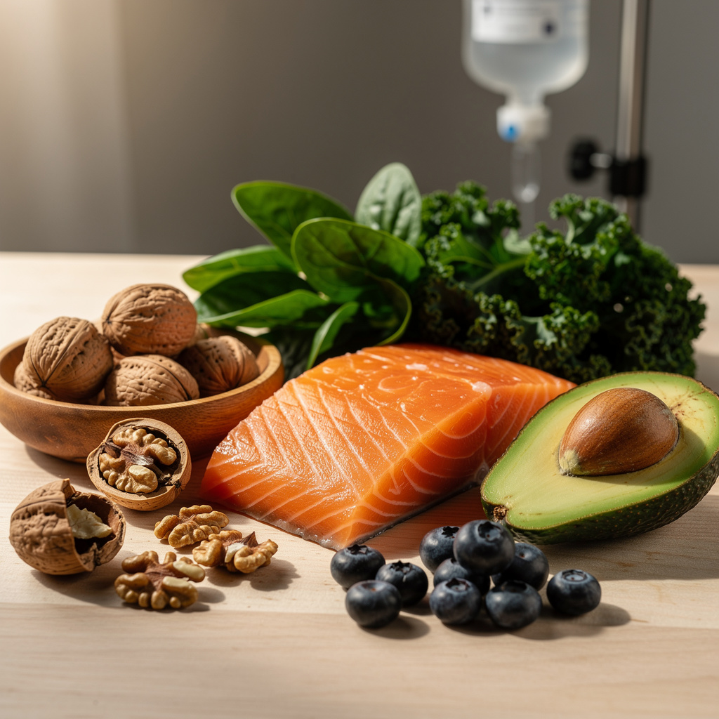 Brain-healthy superfoods including salmon, walnuts, leafy greens, and blueberries with subtle IV therapy imagery in background