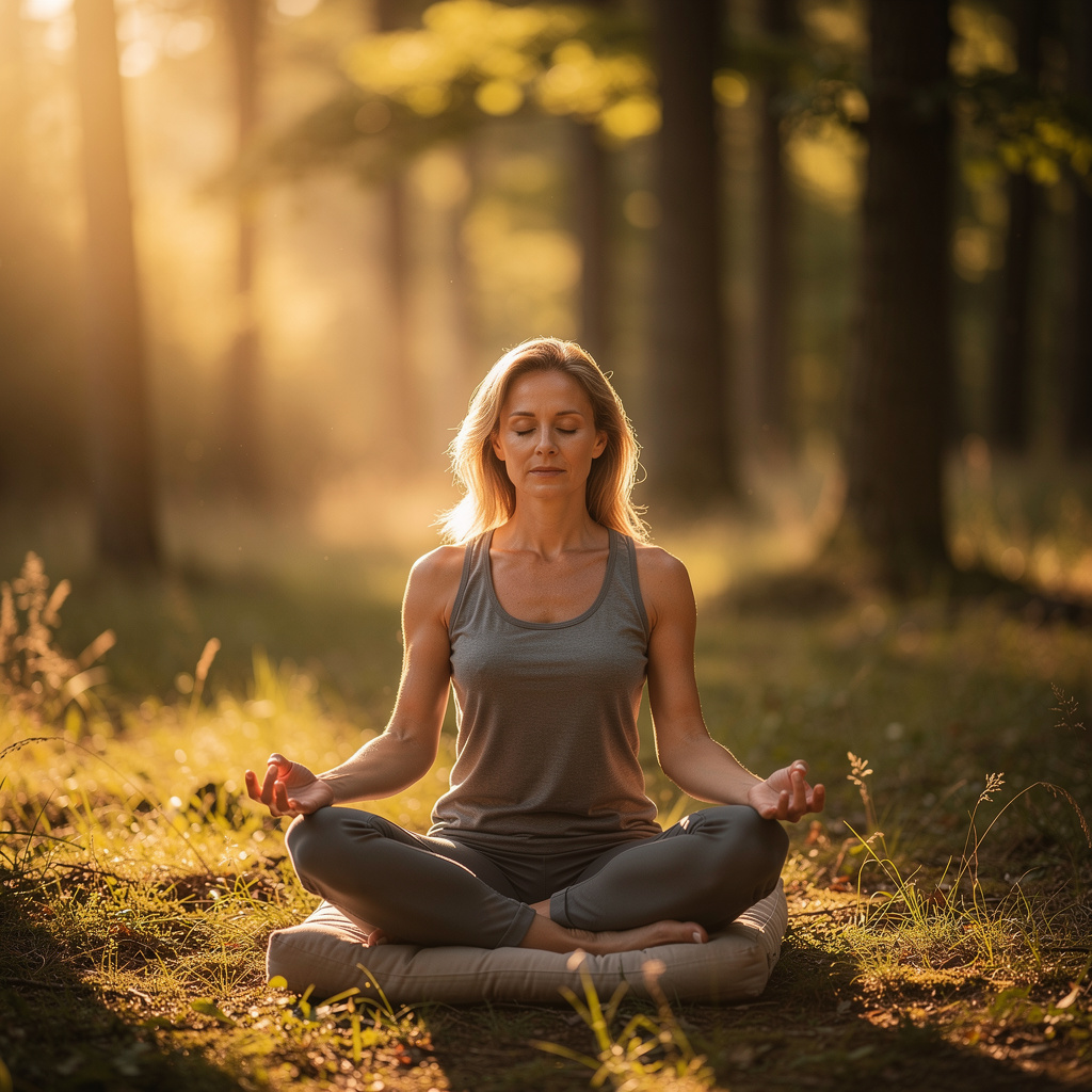 A person meditating in a peaceful setting with soft natural light, demonstrating mindfulness practices for thyroid wellness
