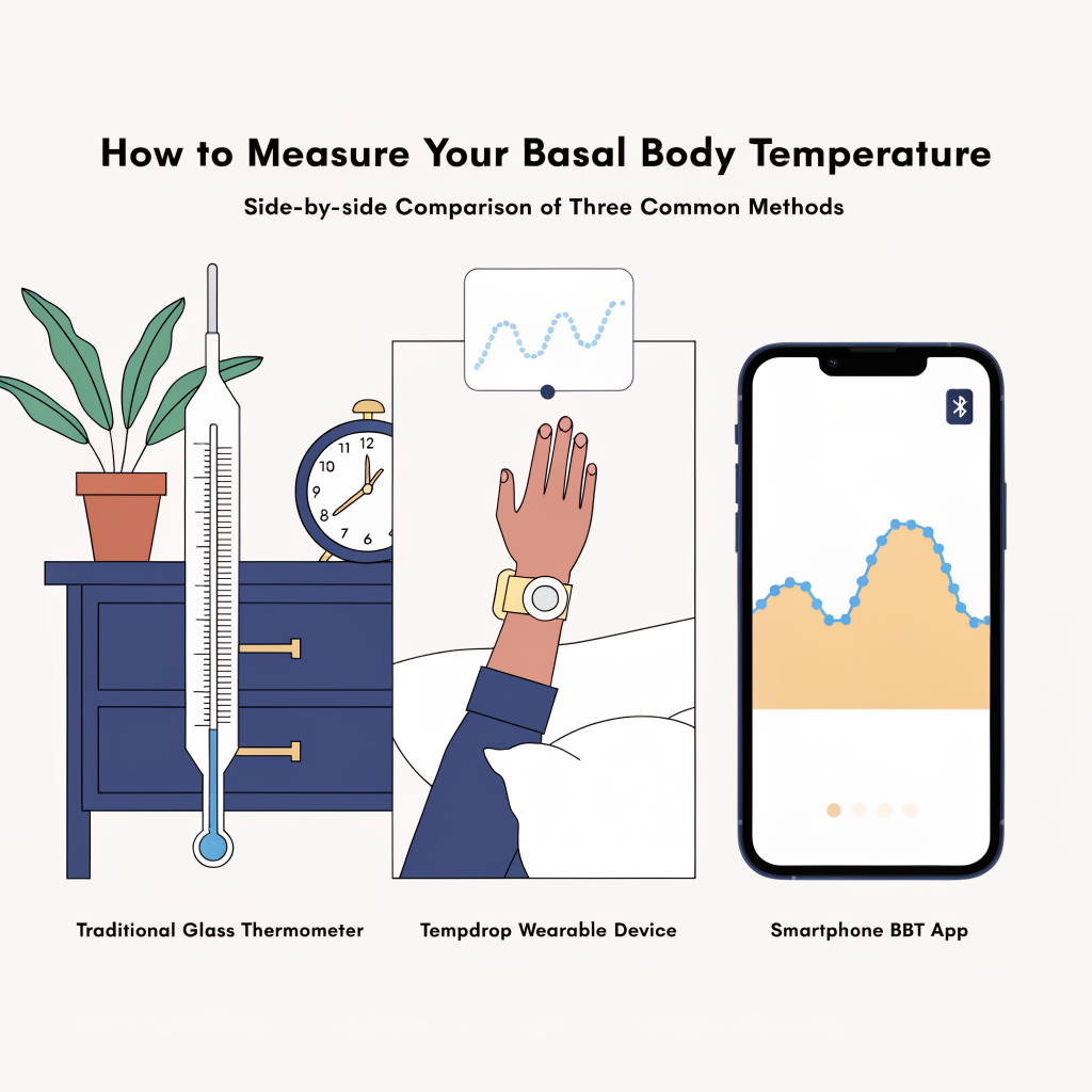 Side-by-side comparison of three BBT tracking methods: manual thermometer, wearable Tempdrop sensor, and smartphone app