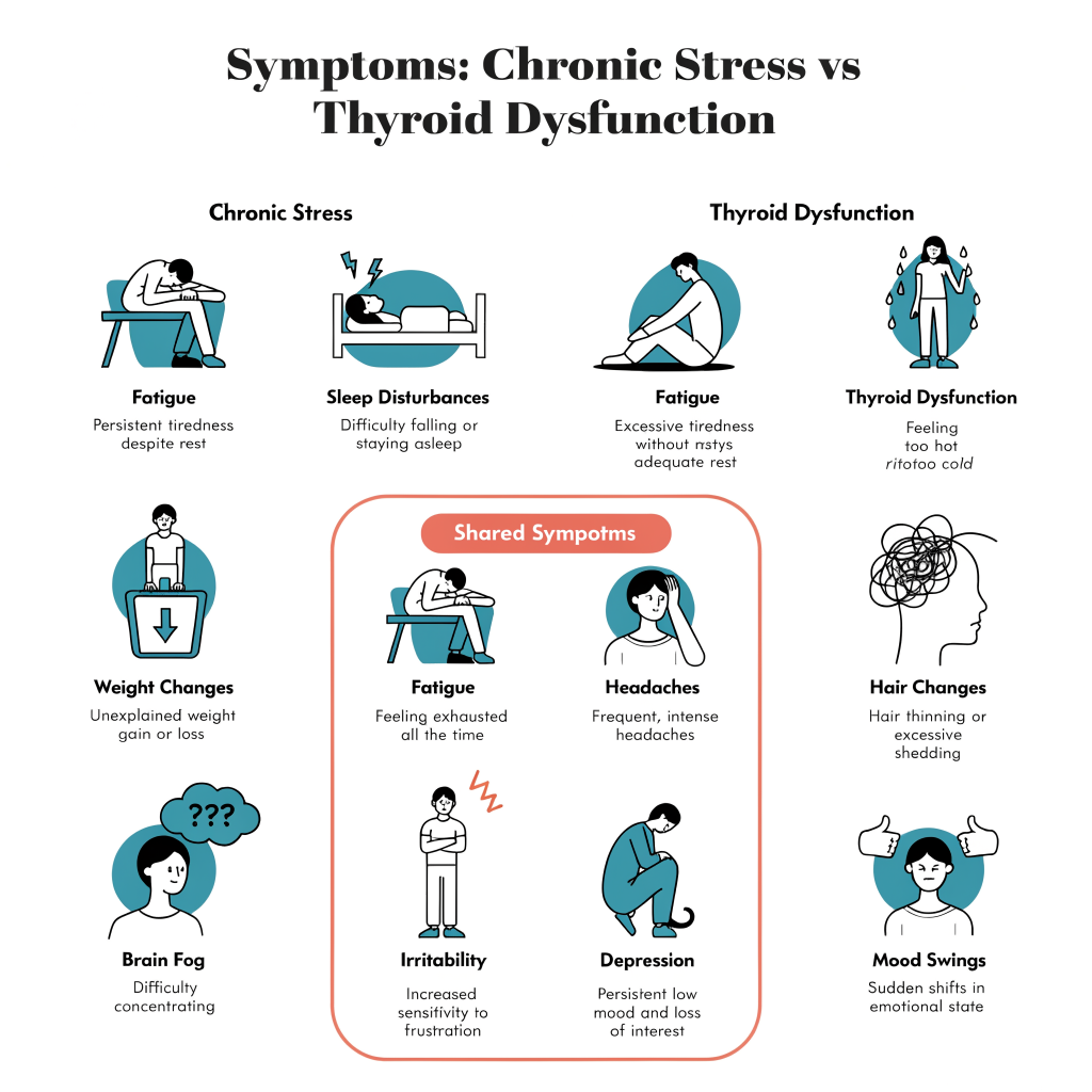 Symptom comparison showing overlapping signs of stress and thyroid dysfunction