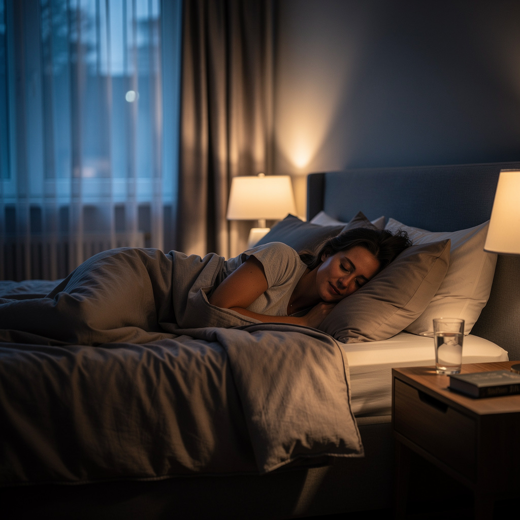 Woman sleeping peacefully in comfortable bedroom representing importance of quality sleep for thyroid health
