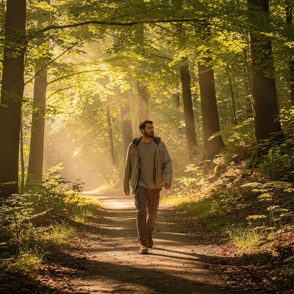 Man walking outdoors in nature without a phone as part of mental fitness recovery protocol