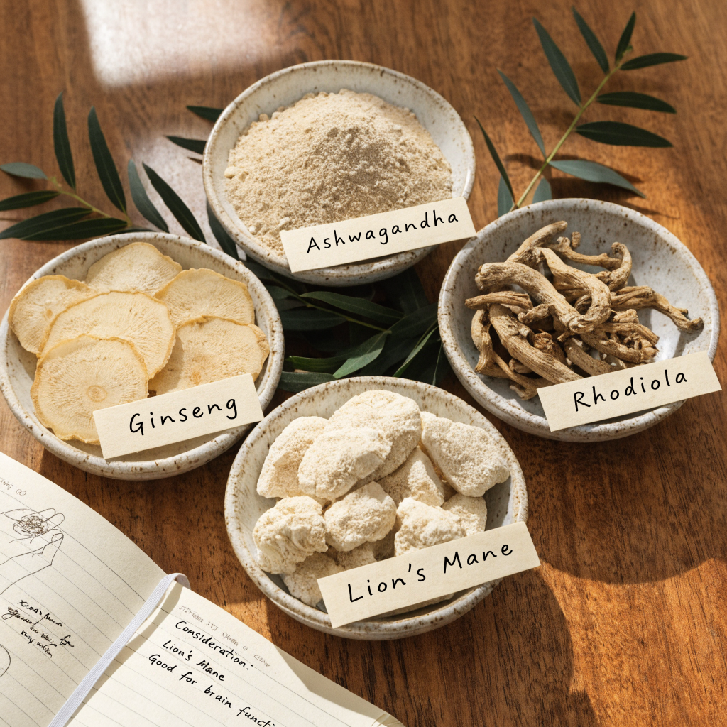 Flat lay of labeled adaptogenic herbs in ceramic bowls with an open journal and handwritten notes on a warm wooden table bathed in natural sunlight