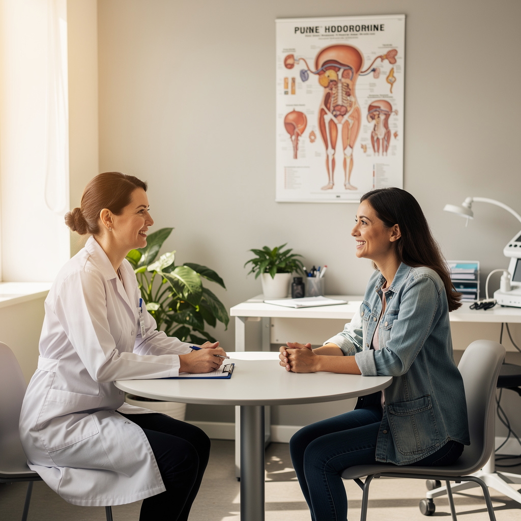 A female physician consulting with a woman about BHRT for PCOS in a warm, modern medical office with endocrine system chart visible
