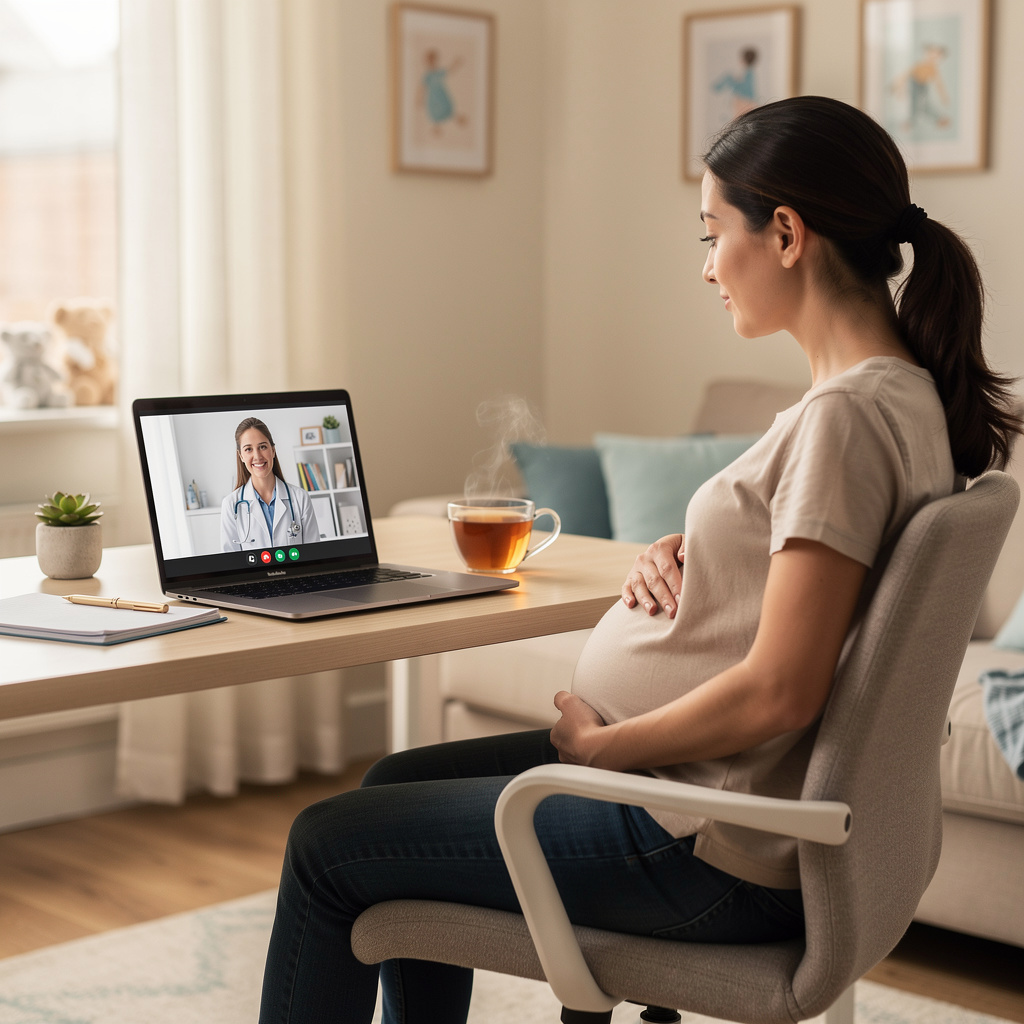 Pregnant woman accessing professional mental health support via telehealth from home