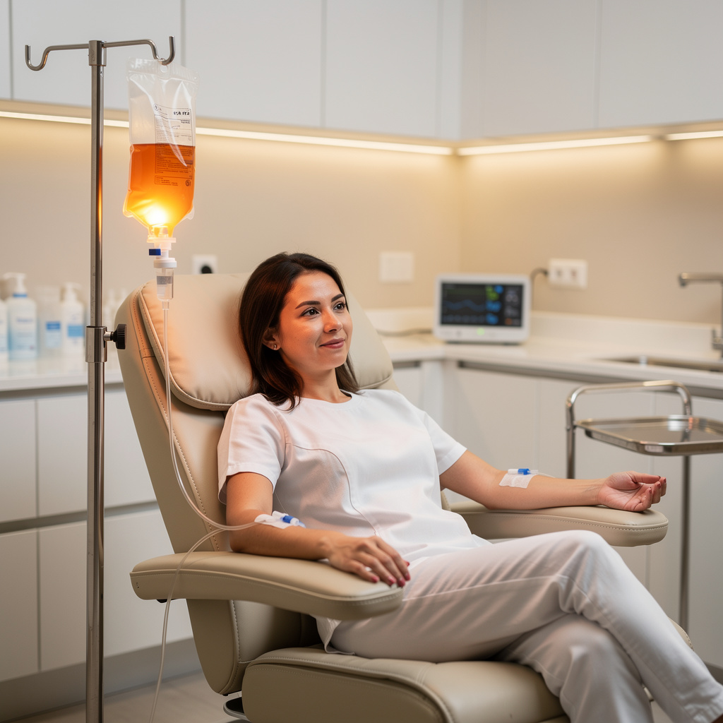 Patient receiving IV nutrient therapy in a comfortable medical clinic setting with IV bag containing glowing amber fluid