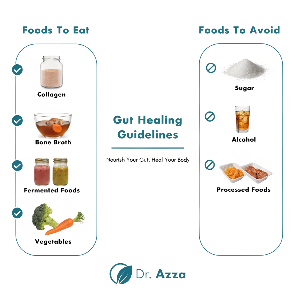 Nutrient checklist showing key gut repair foods and supplements including collagen, glutamine, zinc, and fermented foods