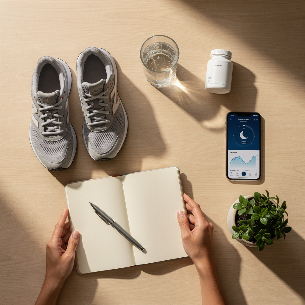 Flat-lay composition of action items for brain health including journal, running shoes, water, supplements, and smartphone