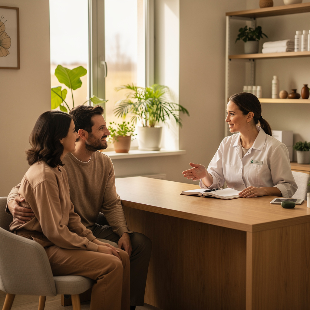 Couple having a warm consultation with a female healthcare provider in a clean modern medical office