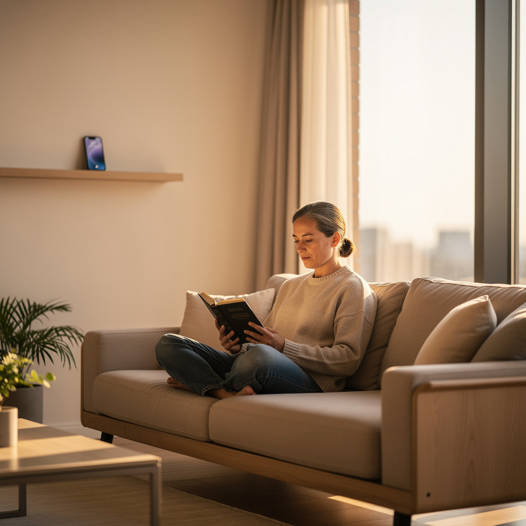 Peaceful scene of a person reading a book in sunlit modern living room with phone put away in the background