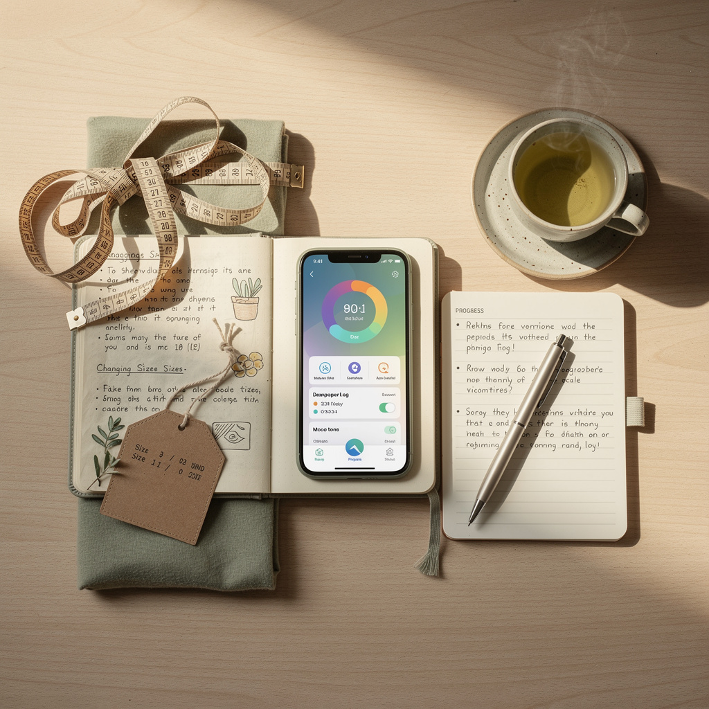 Flat lay of tracking tools including measuring tape, journal, smartphone app, and notebook for monitoring health progress beyond the scale