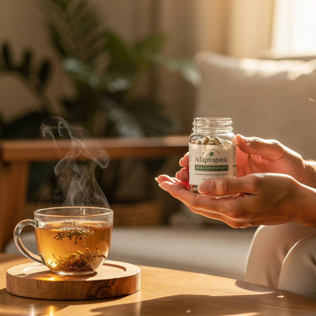 Hands holding a glass jar of adaptogen capsules with steaming herbal tea and a warm wellness consultation space in the background
