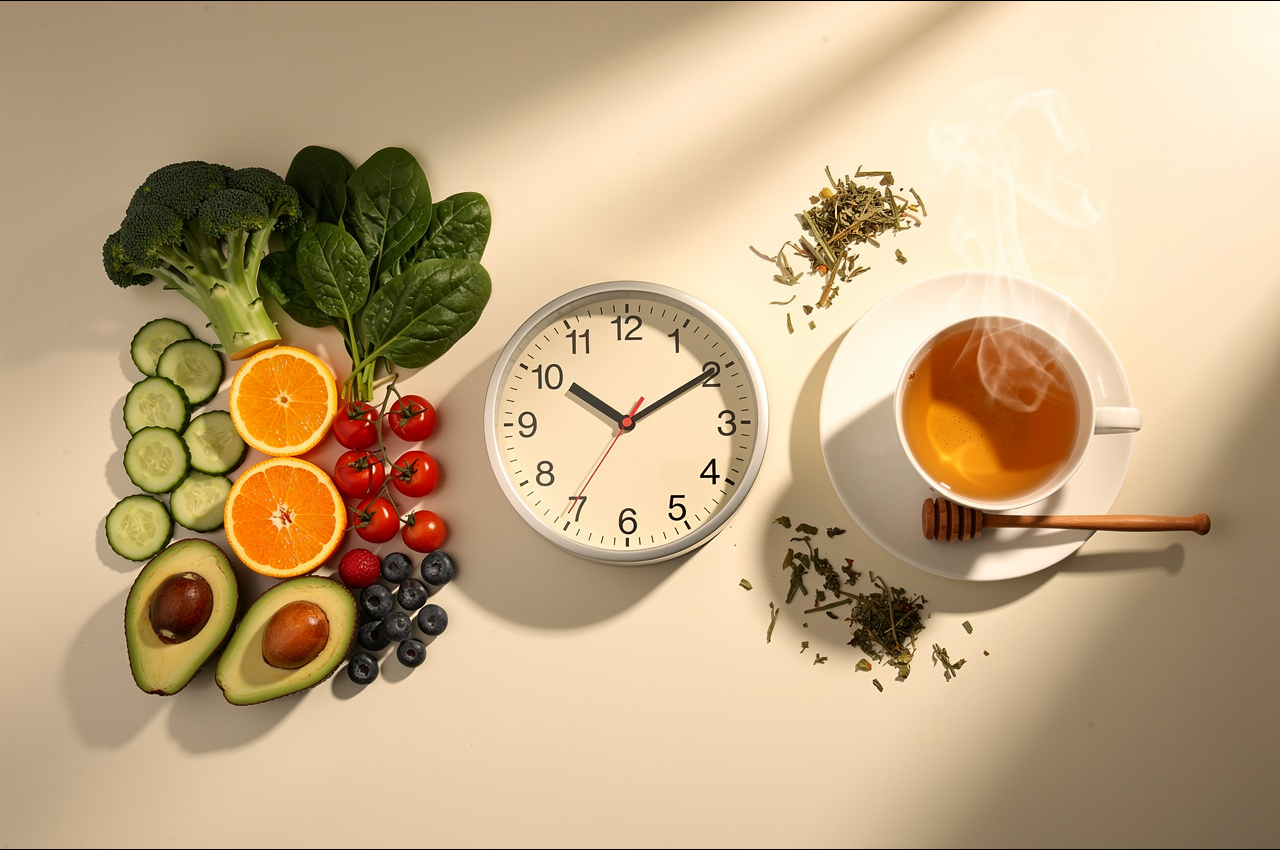 Intermittent fasting detox guide showing an eating window schedule with a clock, healthy foods, and herbal tea