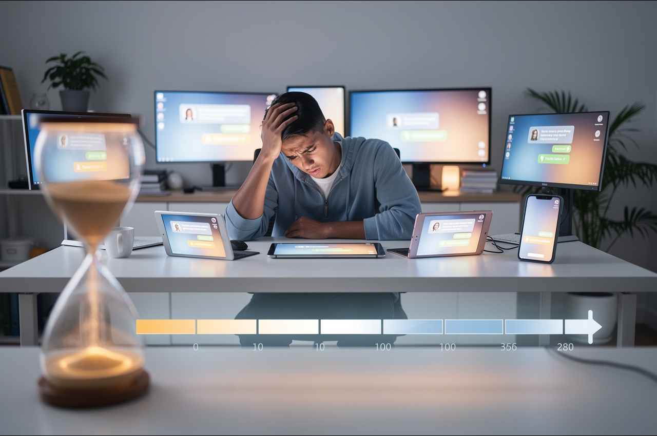 Person overwhelmed by multiple screens and notifications, illustrating how digital overload shrinks attention span