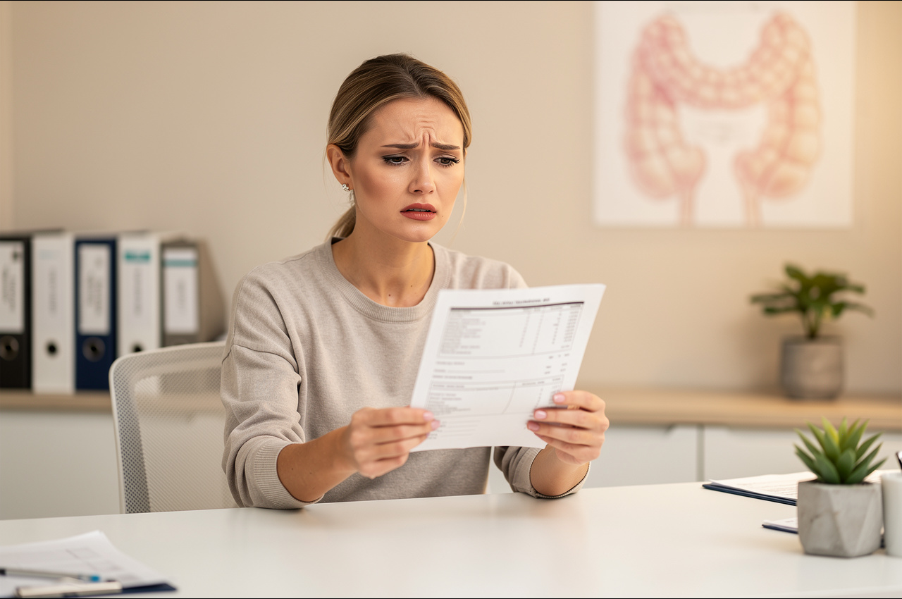 Person reviewing lab results with a concerned expression, representing the frustration of normal thyroid tests despite chronic stress symptoms