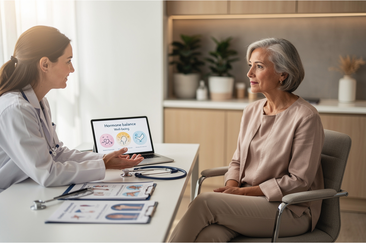 Woman consulting with doctor about BHRT safety in a warm professional medical office