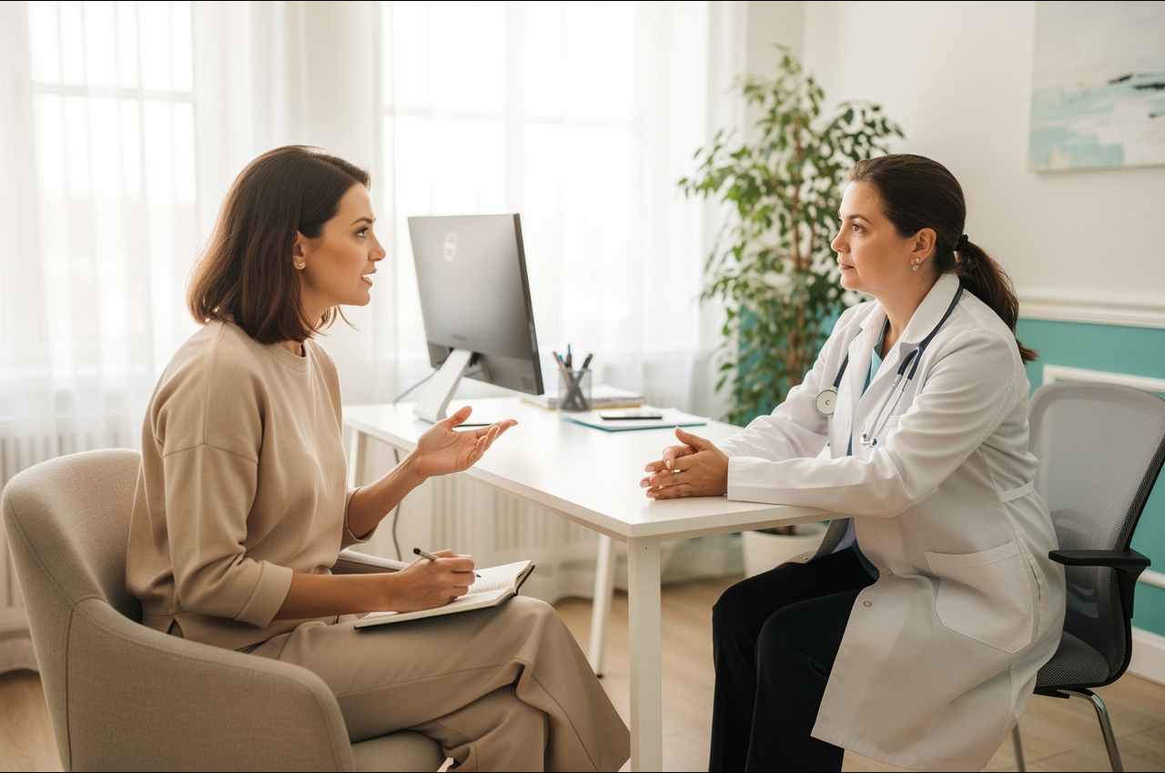 Patient advocacy concept: a confident female patient speaking with an attentive healthcare provider in a modern medical office