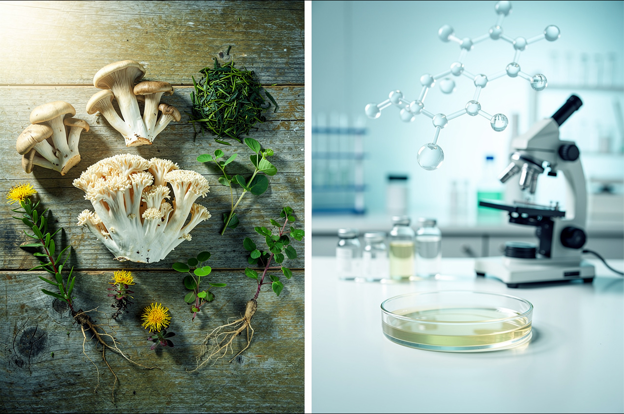 Split composition showing natural nootropic ingredients (lion's mane mushroom, green tea, bacopa, rhodiola) alongside synthetic compound laboratory research for cognitive enhancement comparison