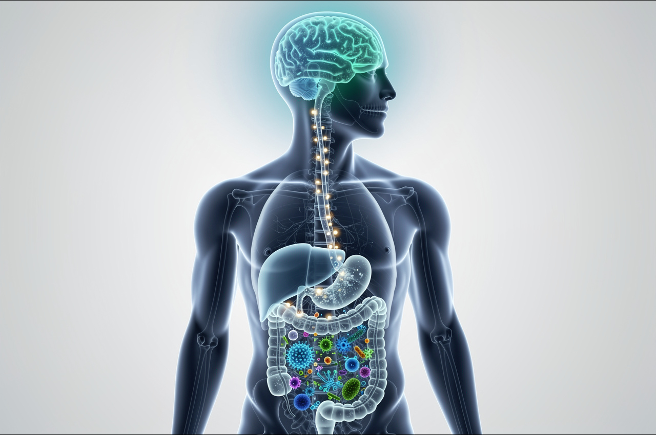 Illustration showing the gut-brain axis connection with neural pathways between the digestive system and brain