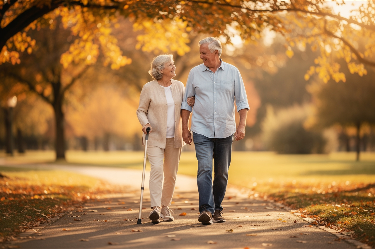 Adult child walking with aging parent in a park setting, supporting brain health through physical activity