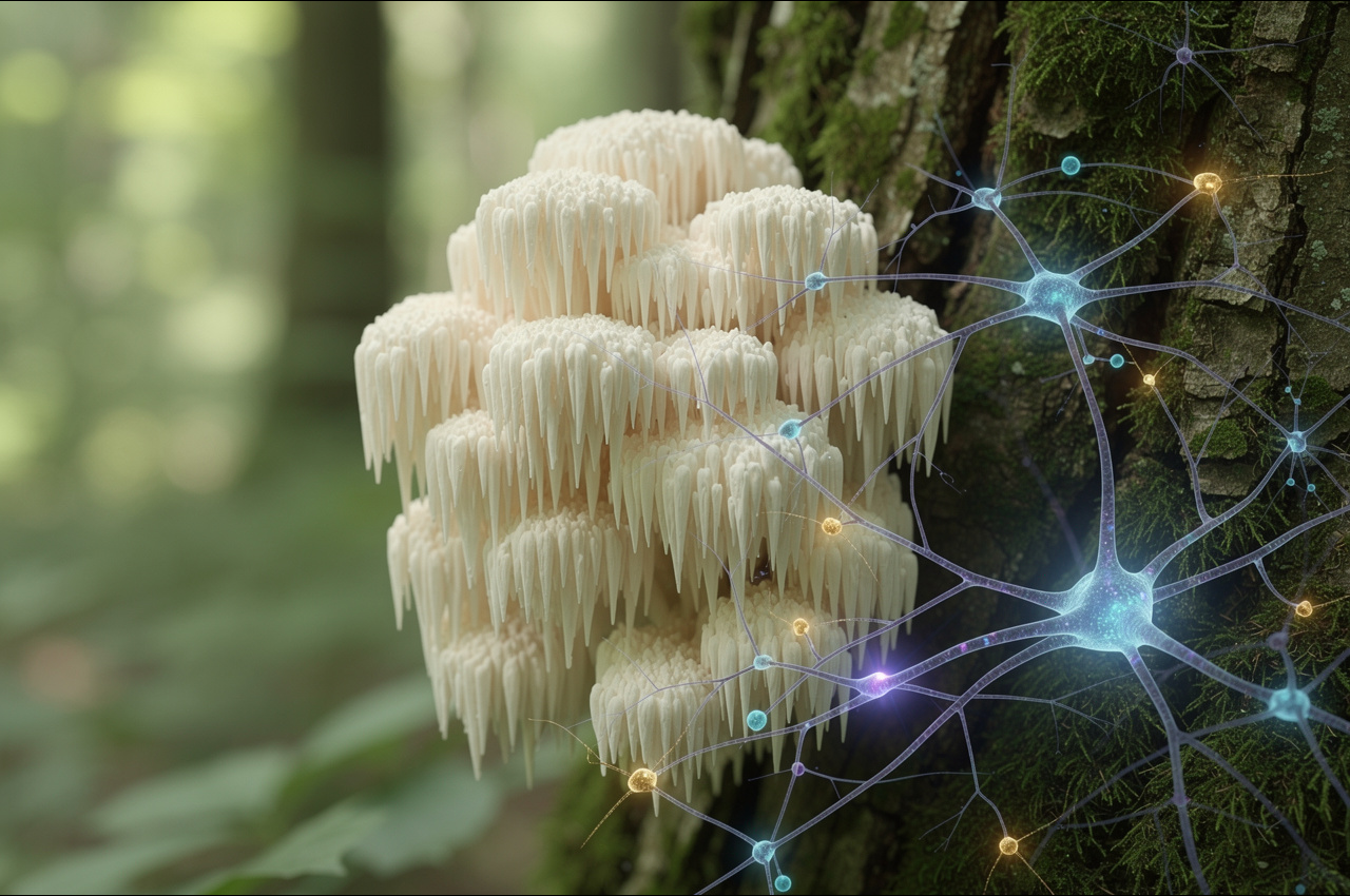 Lion's mane mushroom growing on a tree trunk with neural network visualization overlay representing neurogenesis